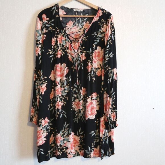 BILLABONG Just Like Us Black Floral lace up long sleeve Mini Dress size S - Picture 5 of 13